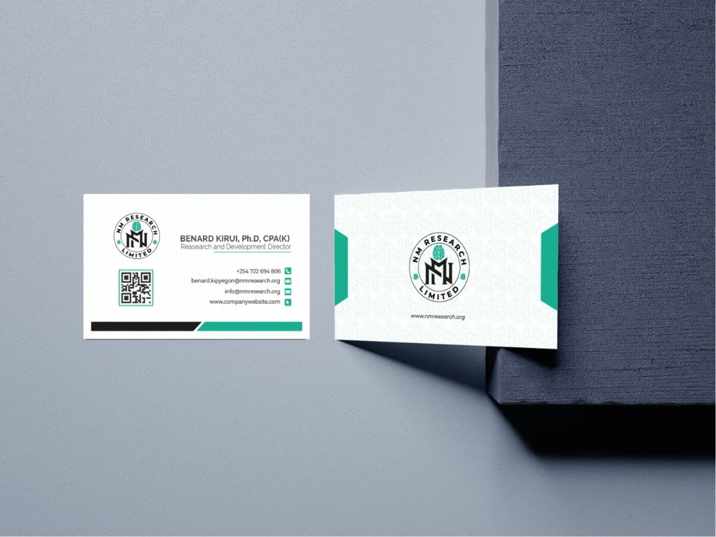 NM Research branded business card and contact collateral